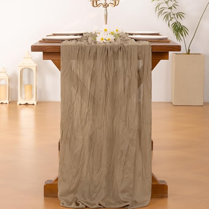 Socomi 3pcs Nude Brown Cheesecloth Table Runner Fall Thanksgiving Boho Rustic Gauze 120 inch 10FT Cheese Cloth Runner for Wedding Party Baby Shower Birthday Home Decor Holiday Decorations