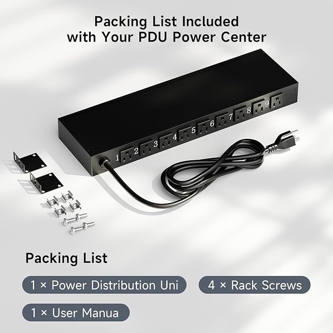 9 Outlet Rack Mount Power Strip with Individual Switches, PDU Surge Protector 15A 125V 1875W, 1U Server Rack Power Distribution Unit with Overload Protection and Power Monitoring, 6.5FT Cord