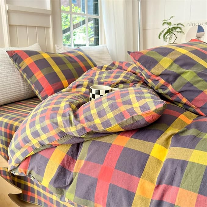 LifeTB Full Comforter Set Geometric Checkered Pattern Comforter Multicolor Grid Plaid Gingham Bedding Comforter Set Fluffy Soft Lightweight Bedding 3 Pieces Grid Bed Comforter with 2 Pillowcases