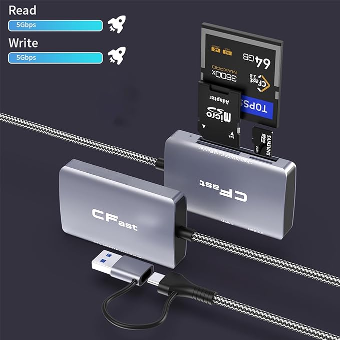 CFast Card Reader, 3 in 2 SD/TF CFast 2.0 Memory Card Reader, USB 3.2 Cable Compatible with Windows/Mac/Linux/Android (3 in 2)