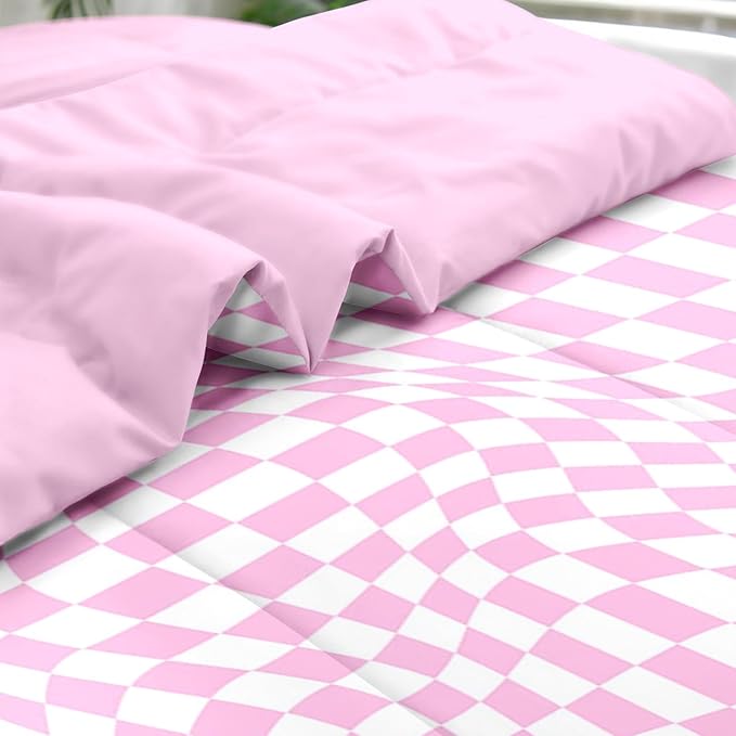 Comforter Set Queen Size, Pink Cool Geometric Plaid 7 Pcs Bedding for Kids and Adults, Chess Checkered Baby Bed Sheet Sets with Fitted Sheet 2 Pillowcase & 2 Sham for Bedroom Bed Decor