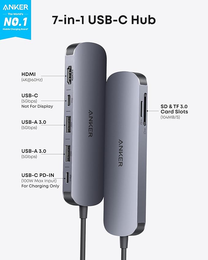 Anker USB C Hub, 7-in-1 Multi-Port USB Adapter for Laptop/Mac, 4K@60Hz USB C to HDMI Splitter, 85W Max Power Delivery, 3xUSBA & C 3.0 Data Ports, SD/TF Card, for Type C Devices (Charger Not Included)