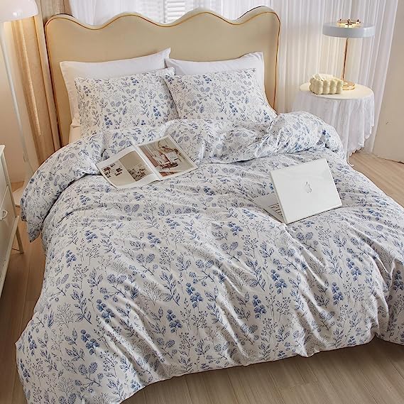 LifeTB Cotton Floral Duvet Cover Twin XL White Blue Floral Print Bedding Sets Vintage Boho Floral Comforter Cover Cottagecore Bedding Set Aesthetic Botanical Flower Duvet Cover with Zipper Closure