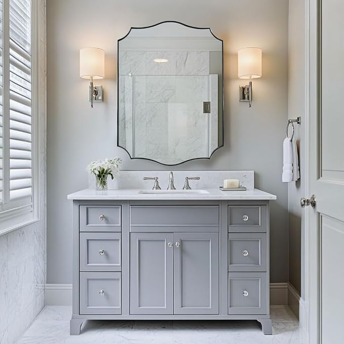 ANDY STAR Brushed Nickel Mirror, 24x32 Inch Unique Mirror for Bathroom, Silver Bathroom Vanity Mirror, Modern Curved Design, Rust-Proof Stainless Steel Metal Frame