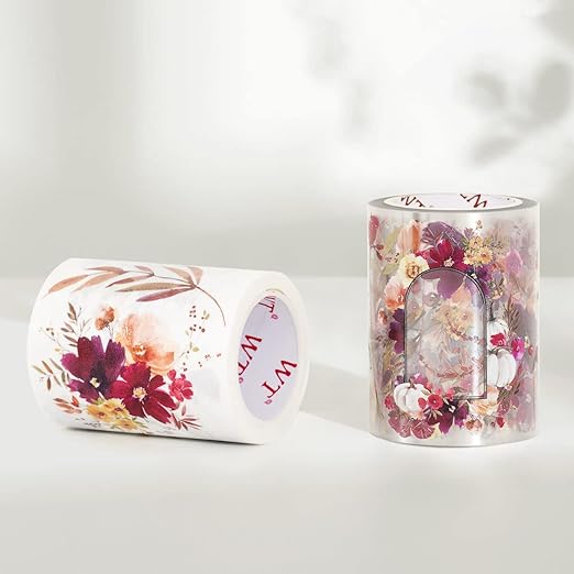 WT Autumn Rose Wide PET Tape, Single Roll, Original Designs, Floral Decorative Tape, Transparent Craft Tape for Bujo Planner & DIY Supplies, Watercolor Flowers