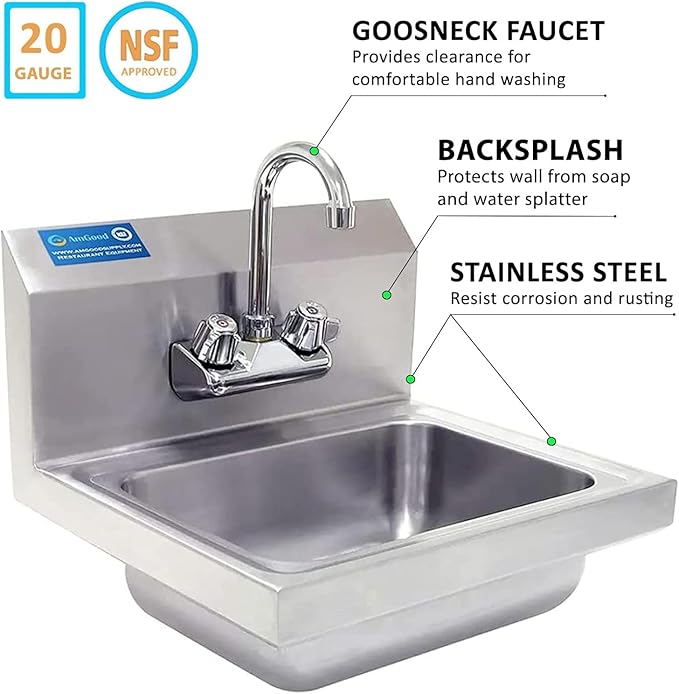 Express KitchQuip Commercial Hand Wash Sink – 15" x 17" Wall Mounted Stainless Steel Basin with Gooseneck Faucet | NSF Certified