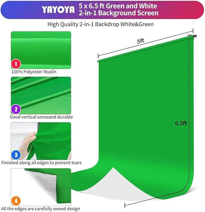 2-in-1 White Backdrop Green Screen Backdrop Stand Kit, 5x6.5 ft Greenscreen Background with Stand for Streaming, Zoom, Photography, Video with Clips & Carrying Bag