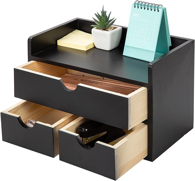 ExoLiry Black Bamboo Desk Organizer Wooden Storage Cabinet 3 Drawers with Shelf Tabletop Organization Box Home Office Workspace Bathroom Toiletries Supplies Caddy Vanity Makeup Stationery Holder