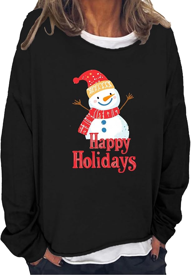 LOAIHA Merry Christmas Sweatshirt Crewneck Snowman Graphic Shirts Christmas Tree Sweater Long Sleeve Xmas Hoodie Pullover