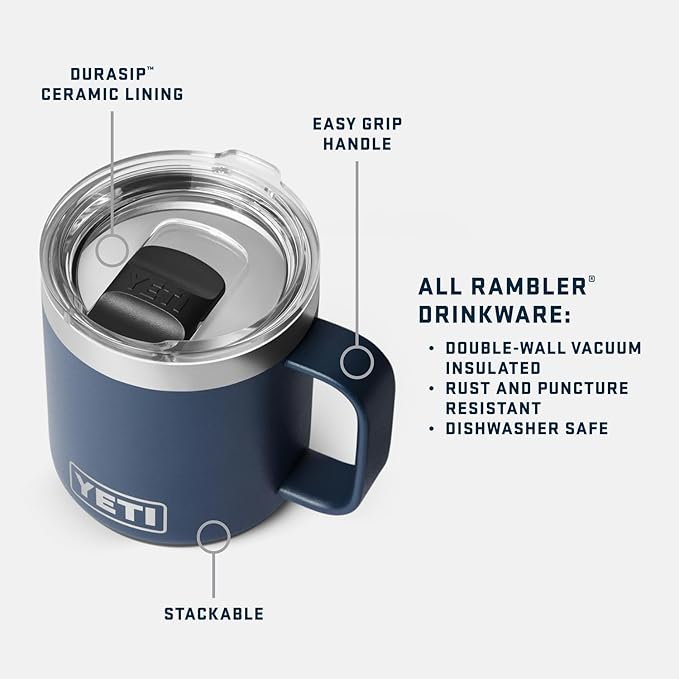 YETI Rambler 10 oz Ceramic Lined Stackable Mug, Vacuum Insulated, Stainless Steel with MagSlider Lid, Navy