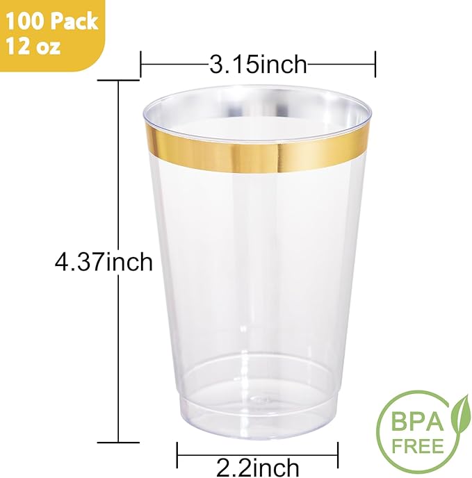I00000 100 Pack 12 oz Gold Plastic Cups, Gold Rimmed Disposable Cups, Disposable Wine Glasses Cocktail Glasses Premium Cup with Golden Rim, 12 Ounce Plastic Tumblers for Party & Wedding