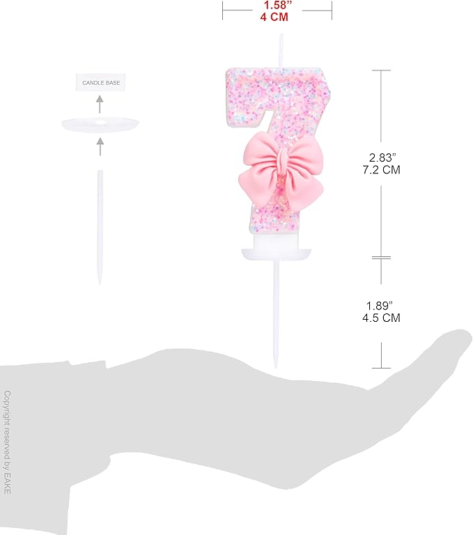 Number 7 Birthday Candle with Pink Sequins and Bowtie, Pink 7 Cake Topper Decoration for Girls Pastel Sweet Theme Birthday Party or Adults Milestone Age 7
