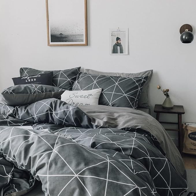 LifeTB Grey Plaid Comforter Set Twin XL Geometric Plaid Bedding Comforter Set 3 Pieces Plaid Grid Comforter with 2 Pillowcases Fluffy Soft Checkered Pattern Comforter Set for All Season Twin XL Size