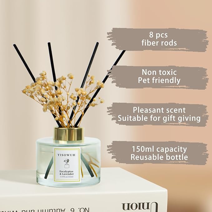 YISOWUH Reed Diffuser Set,5.07 fl oz (150 ml) - Eucalyptus & Lavender Oil Diffusers with 8 Reed Sticks,Home Fragrance Reed Diffuser for Bathroom Shelf Decor