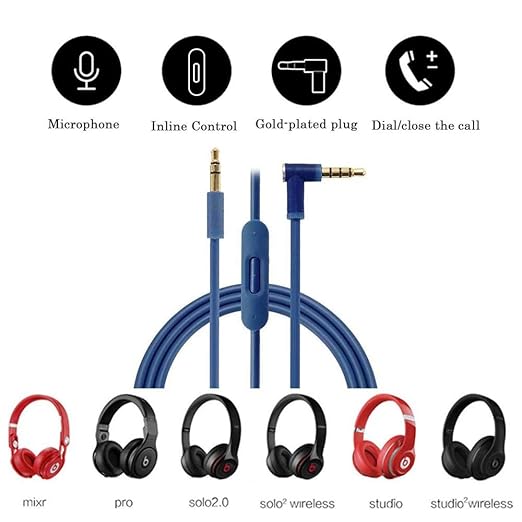 EARLA TEC Replacement Audio Cable Cord Wire with in line Microphone and Control for Beats by Dr Dre Headphones Solo Studio Pro Detox Wireless Mixr Executive Pill (Dark Blue)