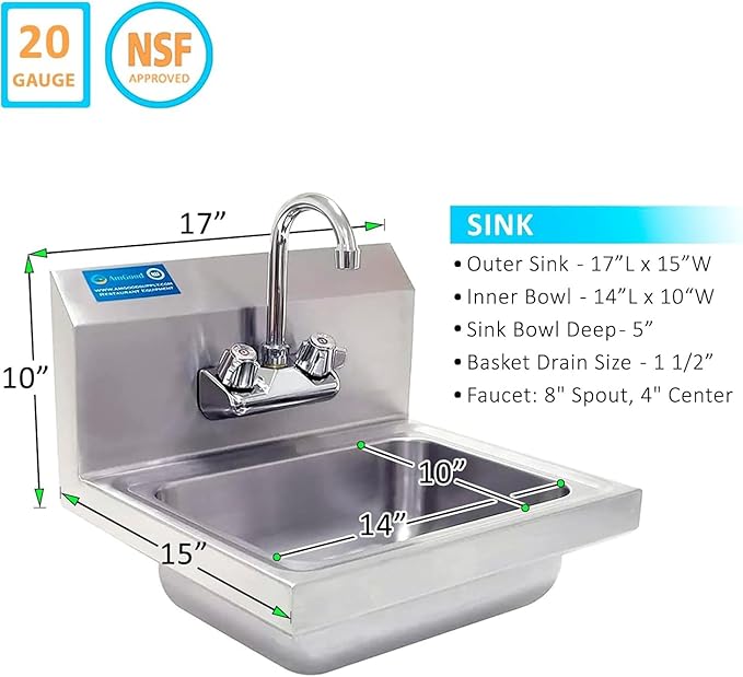 Express KitchQuip Commercial Hand Wash Sink – 15" x 17" Wall Mounted Stainless Steel Basin with Gooseneck Faucet | NSF Certified