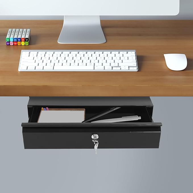 17.7" Under Desk Storage Drawer, Locking Design Black Sliding Pull-Out Drawer for Sit Stand Workstation