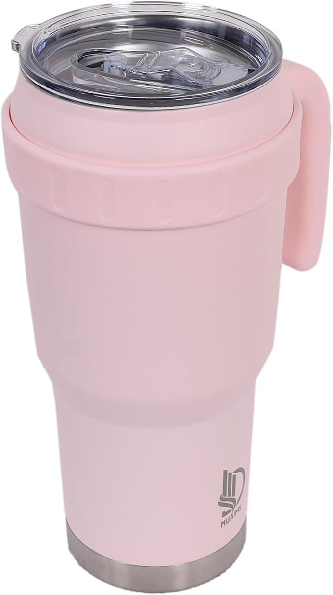 40 Oz Tumbler with Handle & Straw Lid, Insulated Stainless Steel Vacuum Flask, Double Wall Thermal Car Cup for Hot & Cold Drinks, Leak Proof, BPA Free (Light Rose Beige)