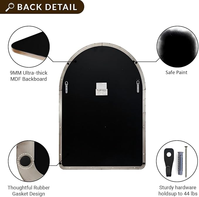 ANDY STAR Arched Wall Mirror, 24 x 38 Inch Brushed Nickle Bathroom Mirror in Stainless Steel Metal Frame, Arch Top Rounded Corner 1 Inch Deep Set Design Wall Mount Hangs Vertical