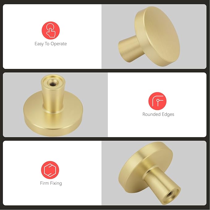 homdiy 30 Pack Gold Cabinet Knobs Round Brushed Brass Kitchen Handles Zinc Alloy Metal Hardware for Dresser Drawer Desk Cupboard