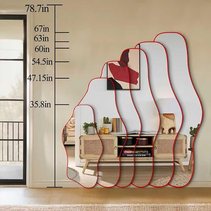 Large Irregular Wall Mirror, 60"x24" Red Asymmetrical Tempered Glass Mirror, Frameless Organic Shaped Mirrors for Entryway Hallway Bedroom Living Room, Horizontal or Vertical Hanging