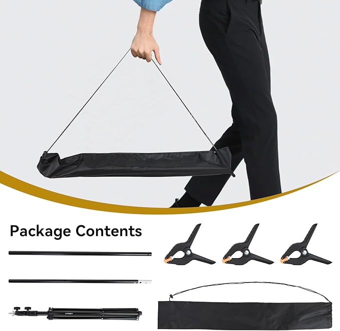 UTEBIT T-Shape Backdrop Stand Support Kit 6.6x5ft, Adjustable Photo Backdrop Stand with 3 Strong Spring Clamps, Photography Videography Studio Green Screen Backdrop Stand Portable for Parties