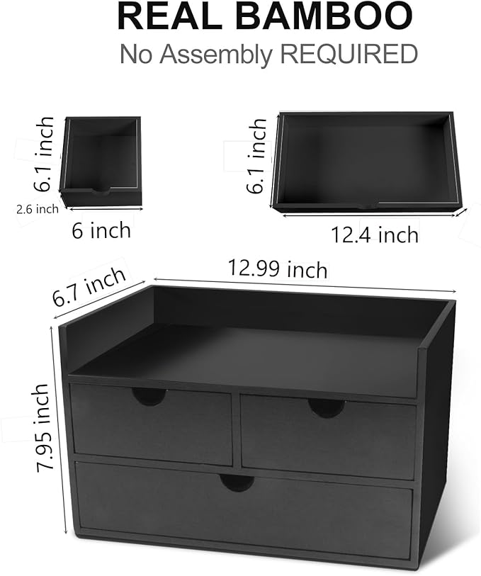 Charmewooden Desk Organizer with Drawers Countertop Drawer Organizer Drawers for Desk Top Home Office Workspace Bathroom Toiletries Supplies (black with shelf)