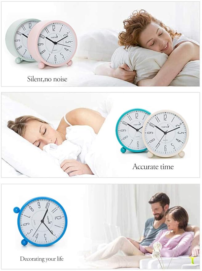 FLOITTUY Super Silent Metal Alarm Clock,Beep Wake Round Alarm Clock with Night Light,Battery Operated,Easy Set,Simple & Retro for Desk, Bedroom and Home Decoration(Lake Blue)