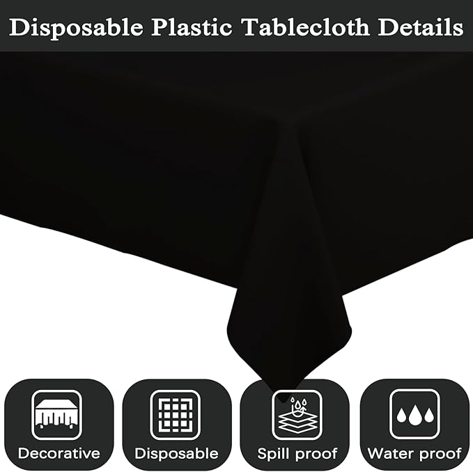 WNINK 2 Pack Black Tablecloths Disposable Table Covers 54" x 108" Table Cloths for BBQ Birthday Picnic Bridal Shower Engagement Wedding Plastic Table Cloths for Parties