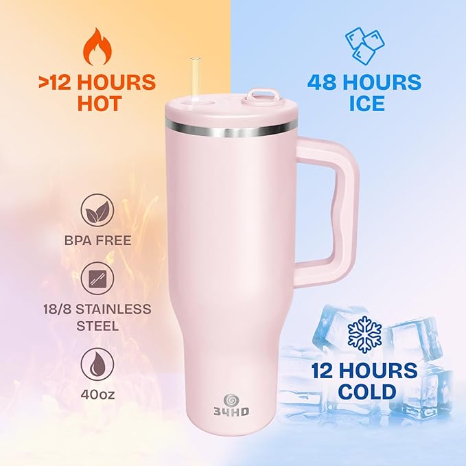 34HD 40 oz Stainless Steel Tumbler - Leakproof Insulated Water Bottle with Handle, Magnetic Lid and Flexible Straw - Iced for 48 Hours – Perfect for Men, Women, Birthday Gift, Pink - Rose Dust