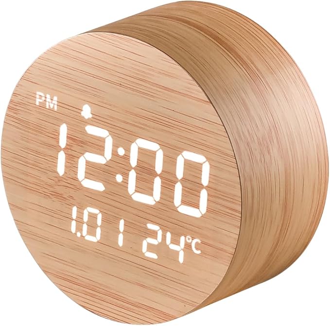 FLT Moonfall Wood Interior LED Desk Clock-Maple (Designed in Korea)- Time, Date, Temperature Display, Customizable Alarms, Auto Brightness, Compact 3.46-Inch Size, USB Cable & Adapter Included