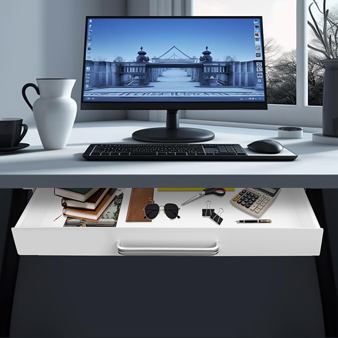 21.5" Under Desk Storage Drawer, White Sliding Pull-Out Drawer for Sit Stand Workstation