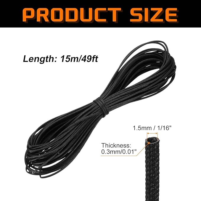 MECCANIXITY 49ft Braided Cable Sleeve, 1/16" ID 200C High Temperature 1500V Fiberglass Wire Insulation Cord Protector Organizer Wires Management for Motor Engine Fuel Line, Black