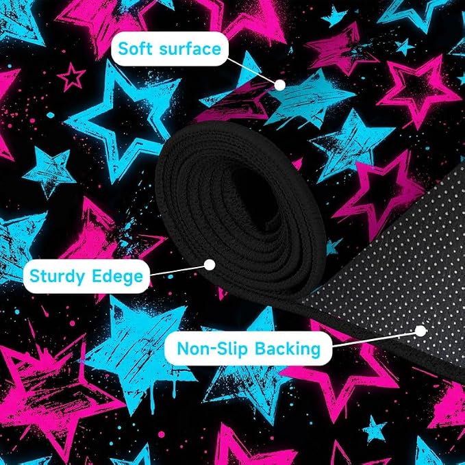 5'x7' Neon Star Area Rug Black Pink and Blue Floor Mat Abstract Star Print Rugs Washable Non-Slip Carpet for Bedroom Living Room Nursery Kitchen Playroom Home Decor