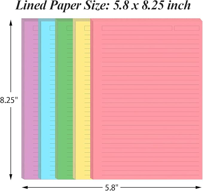 Unpunched Line Paper 5 Colorful - 100 Sheets/200 Pages Ruled Filler Paper, Per Color 20 Sheets, 5.8" x 8.5"