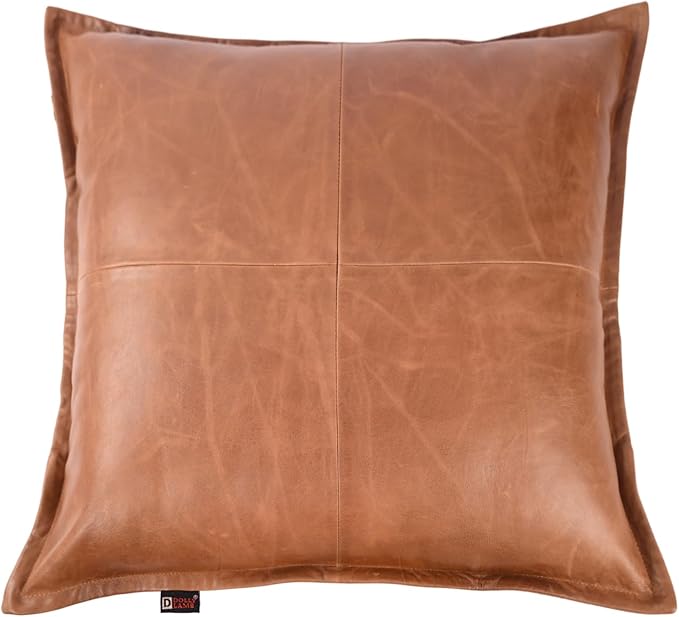 D DOLLY LAMB Lambskin Leather Pillow Cover - Sofa Cushion Case - Decorative Throw Covers for Living Room & Bedroom, 14x14 Inches - Tan Orange Box Pack of 1