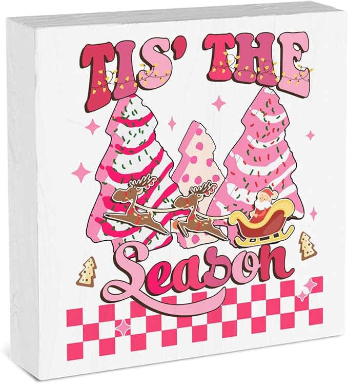 Pink Christmas Decorations for Home Tis the Season Sign Christmas Decor for Office Room Merry Xmas Decorations Table 5 x 5 Inches