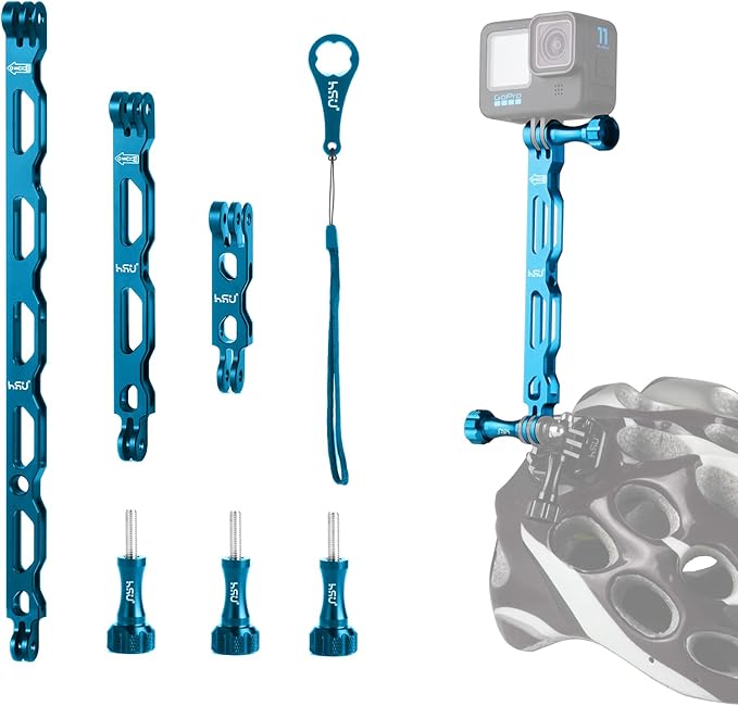 HSU (7 Pcs) All Aluminum Alloy Extension Arm Kit Metal Pole Mount Helmet Stick Extension Arm Mount for GoPro Hero 13/12/11/10/9/8/7/6/5 Black, DJI Osmo Action and More (11.8”/6.5”/3.3”) (Blue)