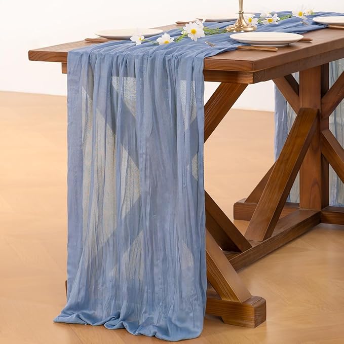 Socomi 10pcs Dusty Blue Fall Thanksgiving Cheesecloth Table Runner Boho Rustic Gauze 120 inch 10FT Cheese Cloth Runner for Wedding Party Baby Shower Birthday Home Decor Holiday Decorations