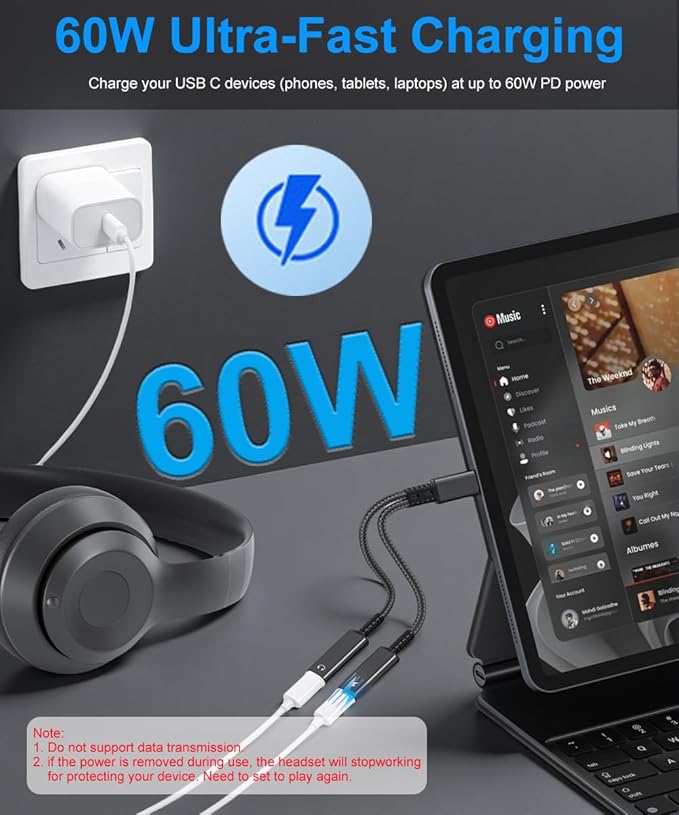 USB C Splitter, Dual USB C Headphone Jack Adapter and Charger, 2in1 Type C Audio Adapter with PD 60W Fast Charging Dongle Cable for iPhone 16 15 Pro Max Plus, Samsung Galaxy S25 S24 Ultra More USBC