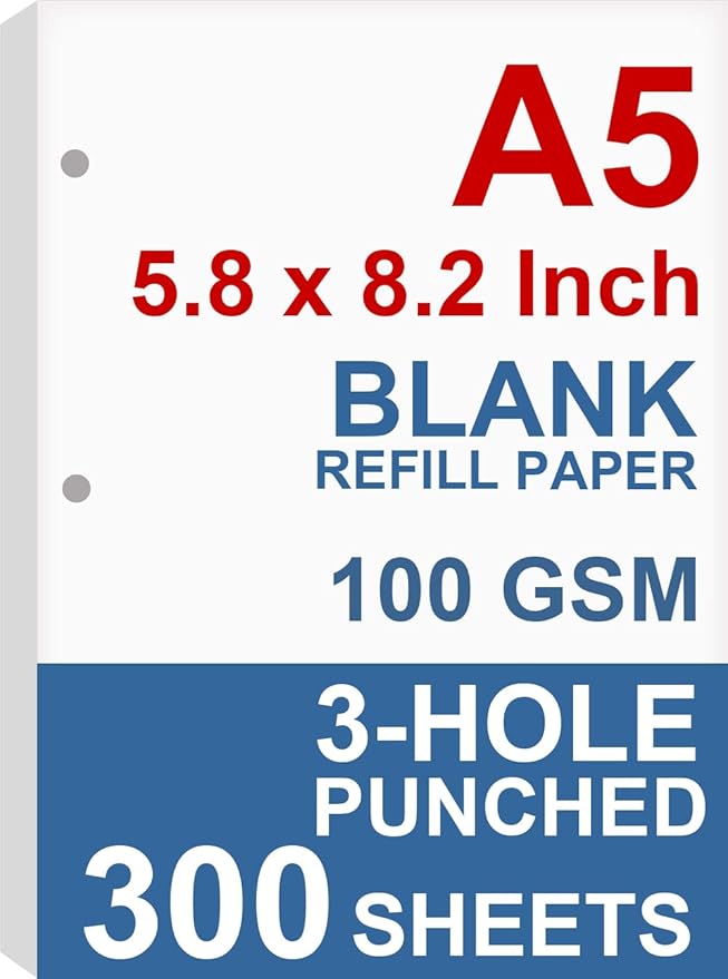 (3-Pack) A5 Filler Paper, 3 Hole Planner Refills, Organizer, Loose-leaf Binder Paper, Total 300 Sheets/600 Pages, 100gsm, Blank, White Paper, 5.8 x 8.2 Inch, 3 Hole Filler Paper, Mini Binder Refills