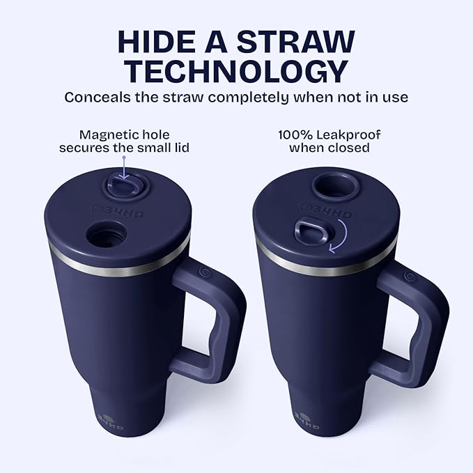 34HD 40 oz Stainless Steel Tumbler - Leakproof Insulated Water Bottle with Handle, Magnetic Lid and Flexible Straw - Iced for 48 Hours – Perfect for Men, Women, Birthday Gift, Navy - Deep Sea Blue