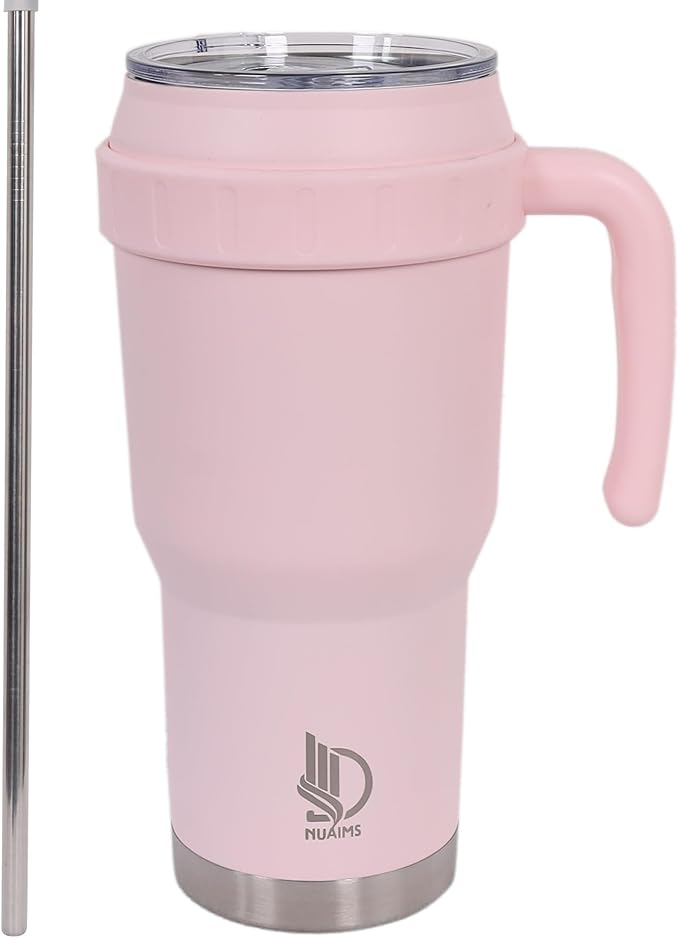40 Oz Tumbler with Handle & Straw Lid, Insulated Stainless Steel Vacuum Flask, Double Wall Thermal Car Cup for Hot & Cold Drinks, Leak Proof, BPA Free (Light Rose Beige)