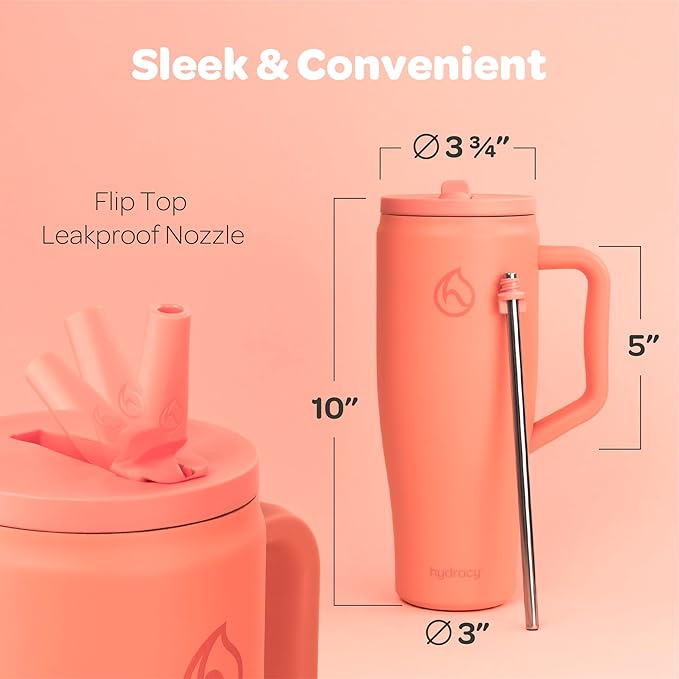 Hydracy 40oz Tumbler with Flip Straw Stainless Steel Insulated Water Bottle with Handle, Reusable Leakproof Rotatable Lid for Left or Right Hand Use, Cupholder Friendly Rubber Base - Coral Crush