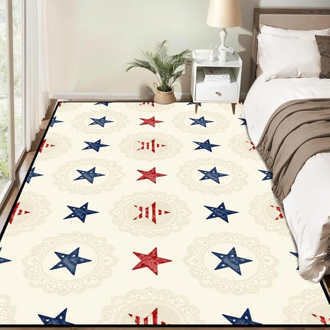 Star Area Rug 4'x6' Vintage Red Blue White Carpet Washable Low Pile Floor Mat Rugs for Bedroom Living Room Nursery Playroom Classroom Home Decor