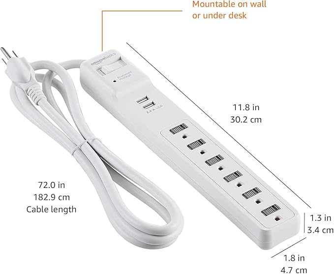 Amazon Basics Power Strip Surge Protector with 6 Outlets,2 USB Ports,1000 Joule Protection,6 Foot Extension Cord,Rectangle,White,(Pack of 6)