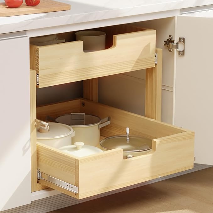 Gsskny Pull Out Cabinet Organizer, 17''W×21''D Sliding Drawers for Cabinets, 2 Tier Soft Close Slide Out Wooden Pull out Drawers, Base Cabinet Organization for Kitchen, Pantry, Bathroom