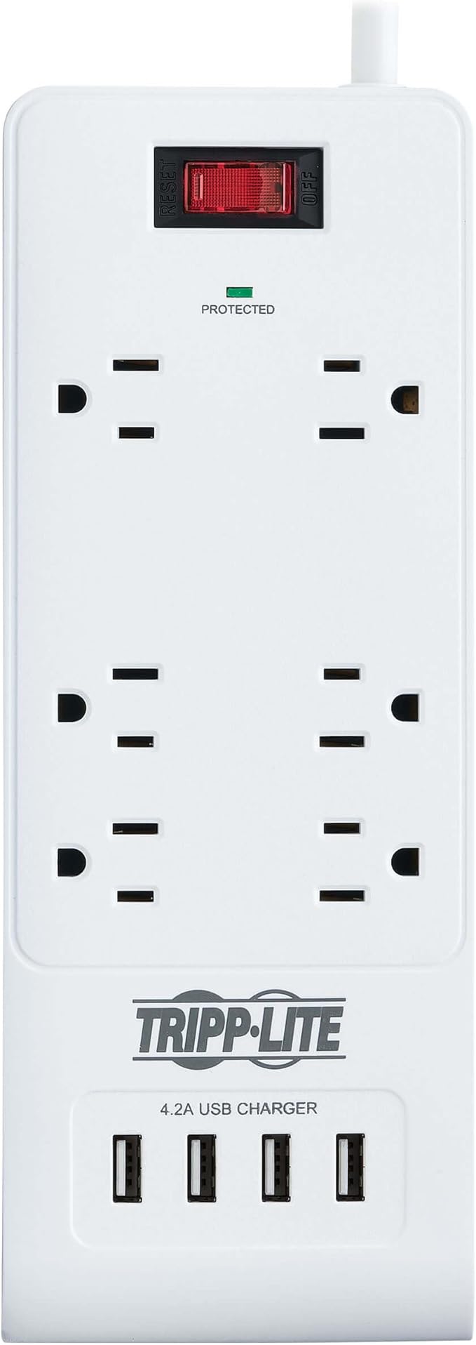 Tripp Lite 6 Outlet Surge Protector Power Strip 4 USB Ports 4.2A Fast Charge, 15 ft. Cord 900 Joules, White, (TLP64USBRA15)