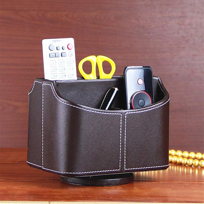 RHCSZ PU Leather Remote Control Holder 360 Degree Spinning Desk Organizer Storage Box for Remote Caddy,TV Guide, Mail, Electronics, Pen,Stationery and Media Storage (Brown)