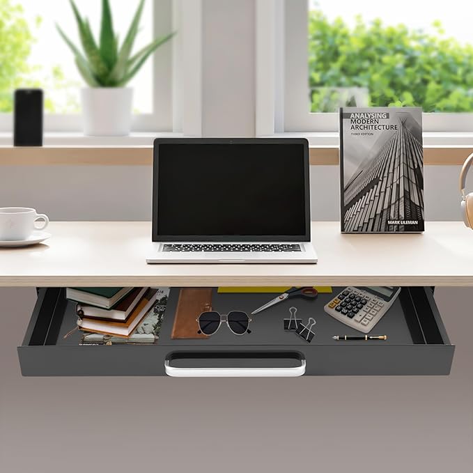 21.5" Under Desk Drawer Slide Out For Office Desk with 2 Dividers, Storage Organizer For Sit Stand Workstation, Black